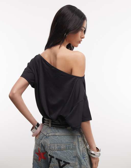 ASOS DESIGN - Sort tætsiddende asymmetrisk oneshoulder-top med korte ærmer og indsyet talje, 4 af 4