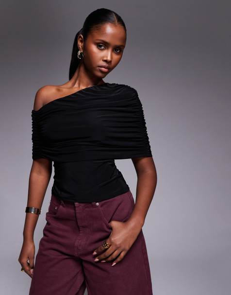 ASOS DESIGN - Sort tætsiddende asymmetrisk top med kappe-skuldre - view 1