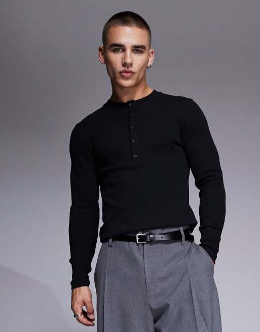 ASOS DESIGN - Sort tætsiddende henley-T-shirt i ribstrik