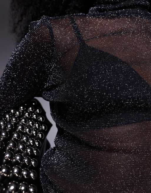 ASOS DESIGN - Sort tætsiddende og gennemsigtig top i metallisk mesh med rullekrave, 3 af 4