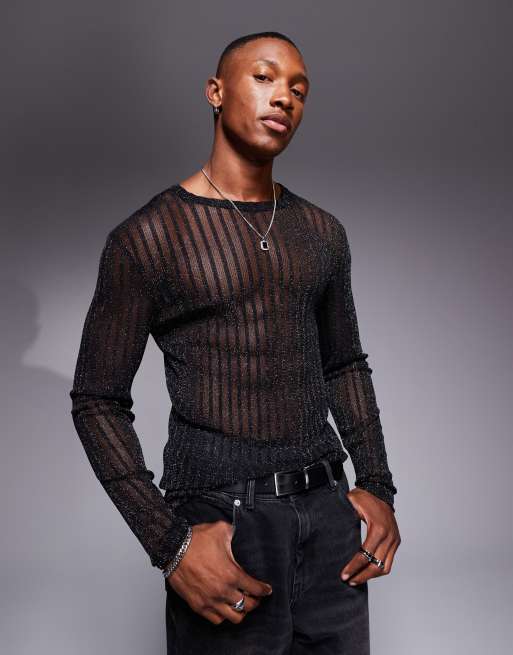 ASOS DESIGN - Sort, tætsiddende og langærmet T-shirt i stribet mesh med glimmer