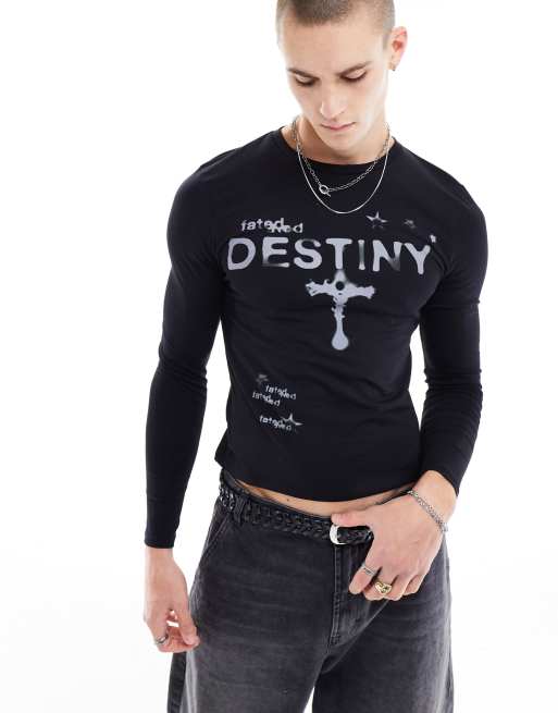 ASOS DESIGN - Sort, tætsiddende og langærmet T-shirt med 'Destiny'-brystprint