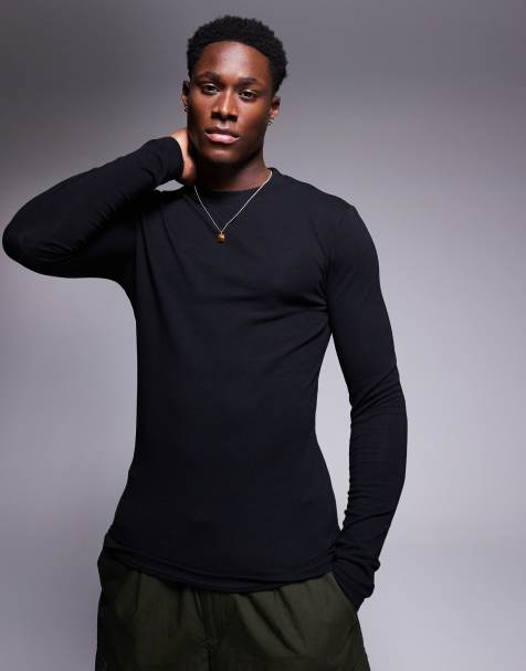 ASOS DESIGN - Sort, tætsiddende og langærmet T-shirt med grafik i nakken - view 1