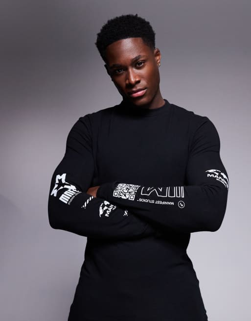 ASOS DESIGN - Sort, tætsiddende og langærmet T-shirt med street-grafik på ryggen