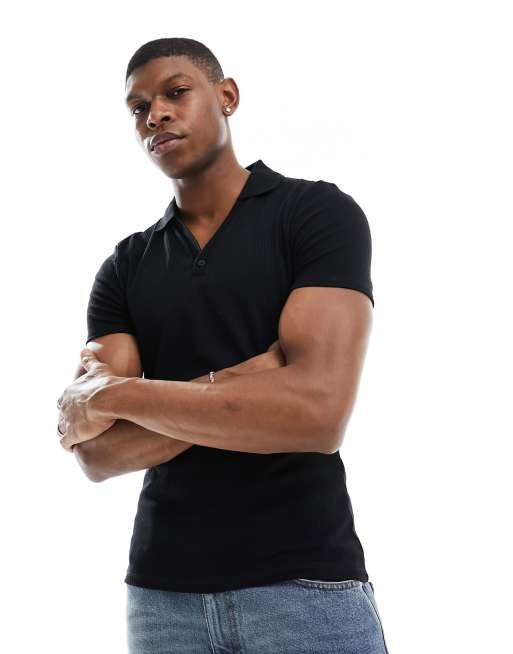 ASOS DESIGN - Sort tætsiddende ribstrikket polo