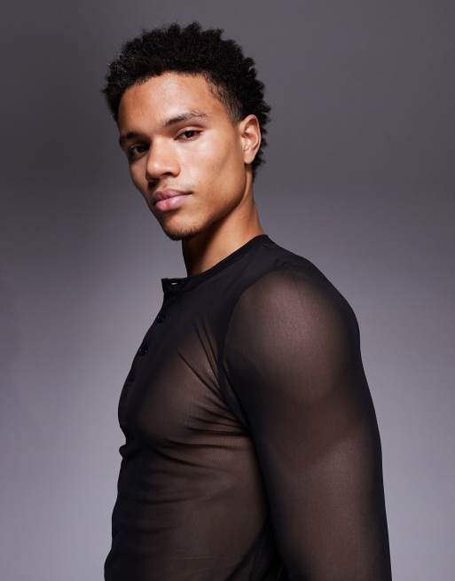 ASOS DESIGN - Sort tætsiddende T-shirt med henley-krave og lange ærmer i mesh , 3 af 5