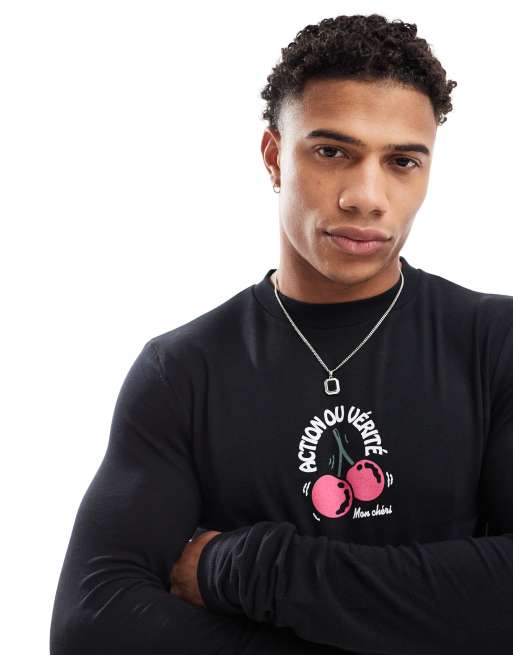 ASOS DESIGN - Sort tætsiddende t-shirt med lange ærmer og kirsebærprint foran