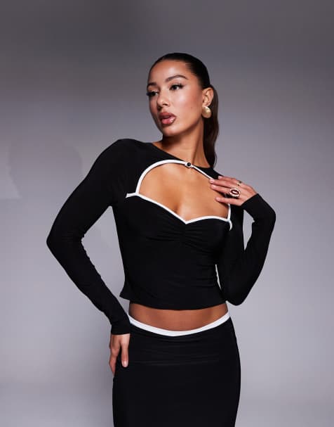 ASOS DESIGN - Sort tætsiddende top med udskæring og kontrastkant samt lange ærmer - Del af sæt - view 1