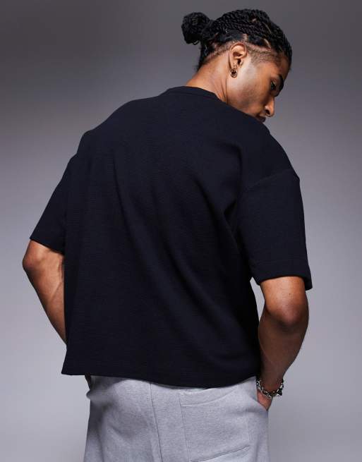 ASOS DESIGN - Sort vaflet oversized firkantet T-shirt med henley-hals , 4 af 4