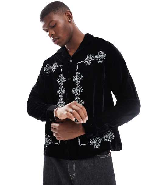 ASOS DESIGN - Sort velourskjorte med firkantet pasform og broderi langs kanten - view 1