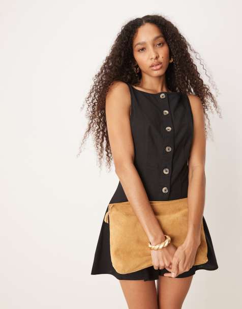 ASOS DESIGN - Sort vest-minikjole med bred halsudskæring og knapper - view 1