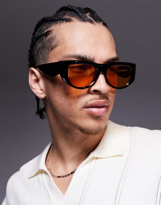 ASOS DESIGN - Sorte aviator-solbriller med ravfarvede glas