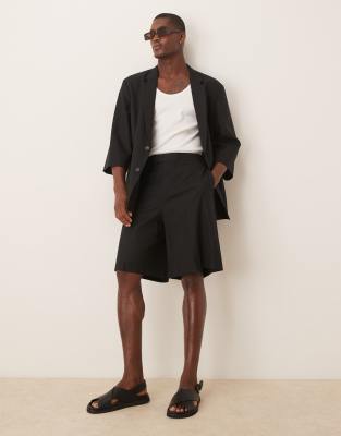 ASOS DESIGN - Sorte bermudashorts i hørblanding med elastisk talje - view 1