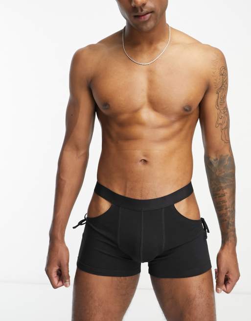 ASOS DESIGN - Sorte boksershorts med udskæringer og bindebånd i siden
