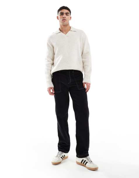 ASOS DESIGN - Sorte bukser i jernbanefløjl med lige ben og kontrastfarvede stikninger - view 1