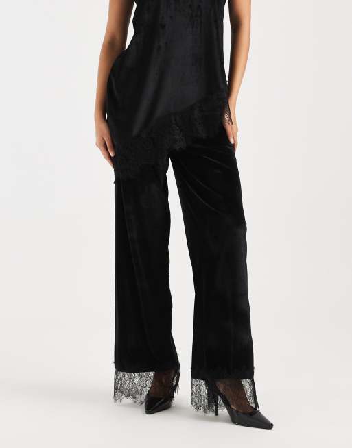 ASOS DESIGN - Sorte bukser i velour med mellemhøj talje og blondekant - Del af sæt, 2 af 5