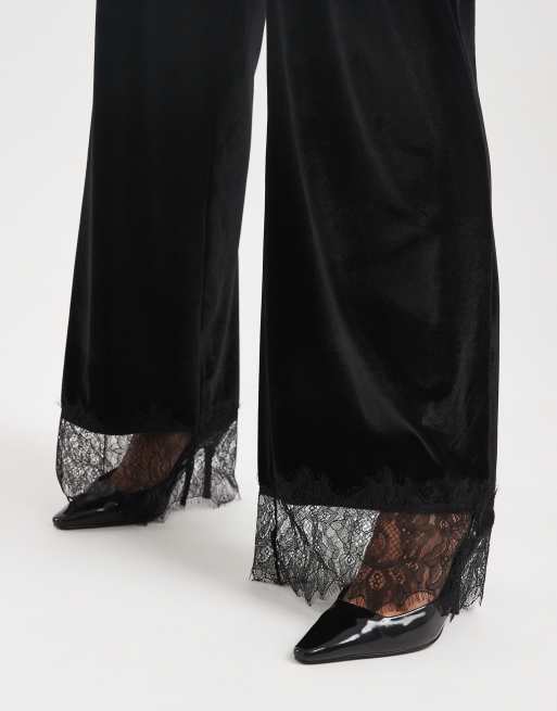 ASOS DESIGN - Sorte bukser i velour med mellemhøj talje og blondekant - Del af sæt, 5 af 5