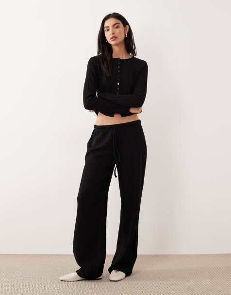 ASOS DESIGN - Sorte bukser med lige ben og tekstur og bindebånd i taljen - view 1