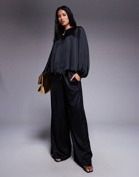ASOS DESIGN - Sorte bukser med vide ben i satin - Del af sæt - view 1