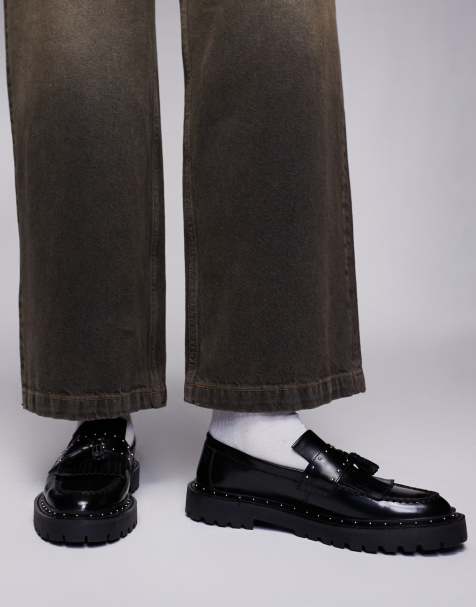 ASOS DESIGN - Sorte chunky penny-loafers i læder med sølvfarvede metaldetaljer - view 1