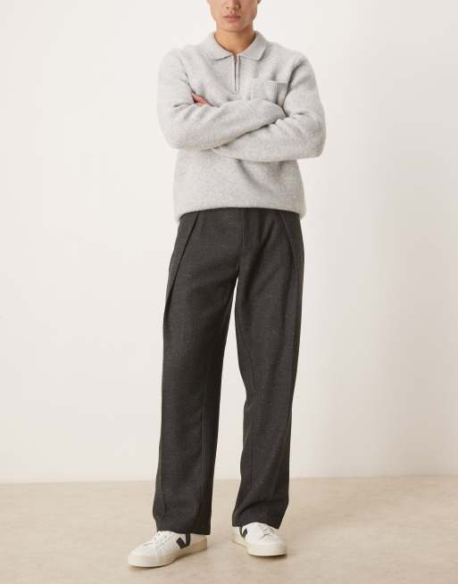 ASOS DESIGN - Sorte elegante bukser med vide ben, dybe læg og sildebensmønster i uldlook, 3 af 5