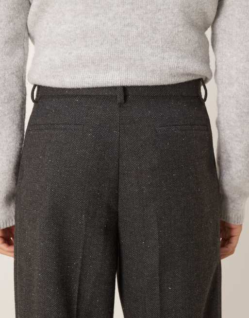 ASOS DESIGN - Sorte elegante bukser med vide ben, dybe læg og sildebensmønster i uldlook, 4 af 5