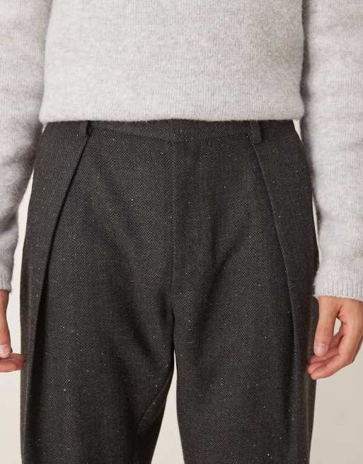 ASOS DESIGN - Sorte elegante bukser med vide ben, dybe læg og sildebensmønster i uldlook, 5 af 5