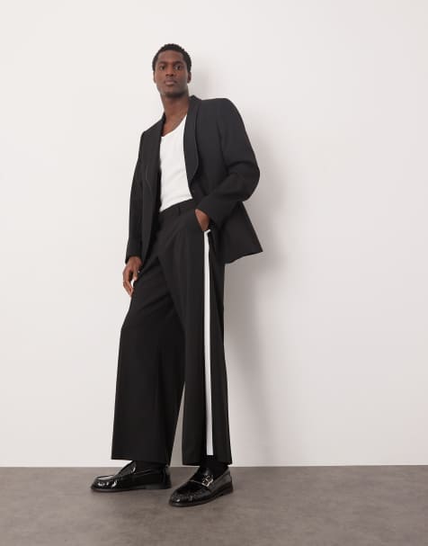 ASOS DESIGN - Sorte elegante løstsiddende smokingbukser med hvide sidestriber - view 1