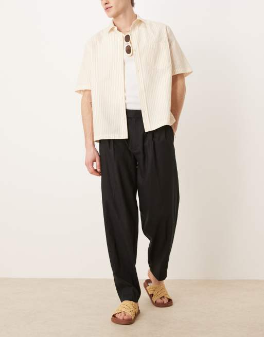 ASOS DESIGN - Sorte elegante oversized tapered bukser med plisseringer foran i hørblanding
