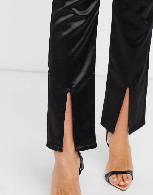 ASOS DESIGN - Sorte højtaljede 'sassy' cigaretbukser i satin med slids foran, 3 af 4