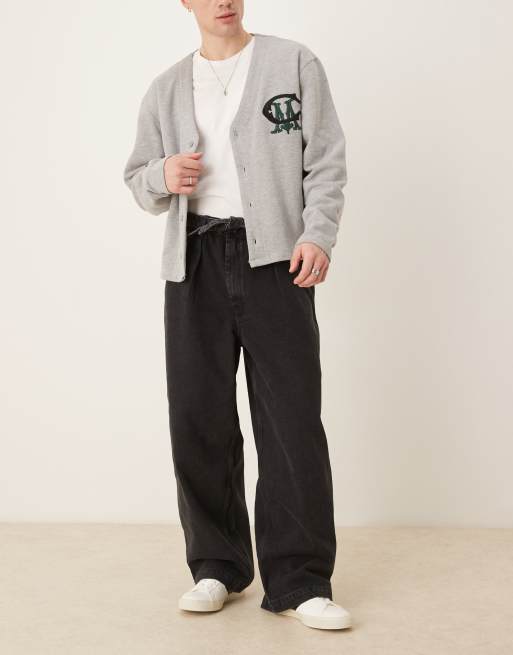 ASOS DESIGN - Sorte jeans med vide ben, bindebånd og plisseringer