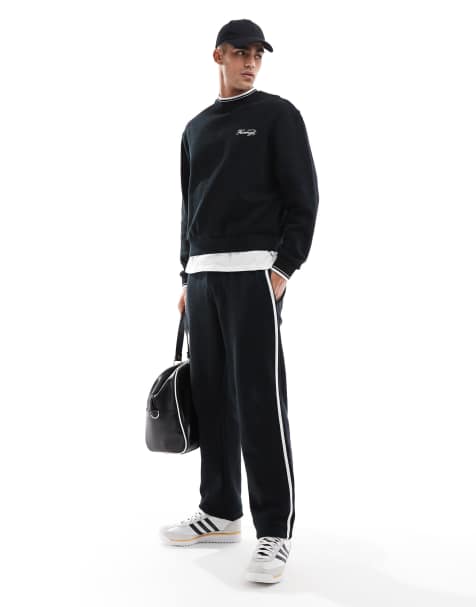 ASOS DESIGN - Sorte joggingbukser med lige ben og teksturerede sidestriber - view 1
