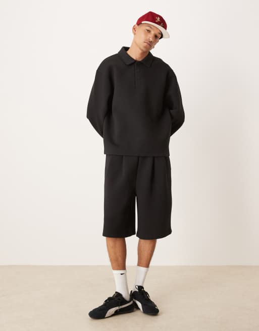 ASOS DESIGN - Sorte lange shorts i kraftigt scuba-lignende stof med oversized pasform