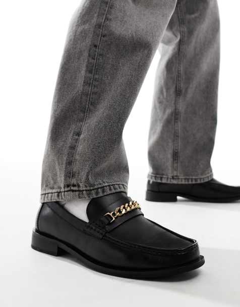 ASOS DESIGN - Sorte loafers med firkantet tå og guldfarvet kæde i læder - view 1