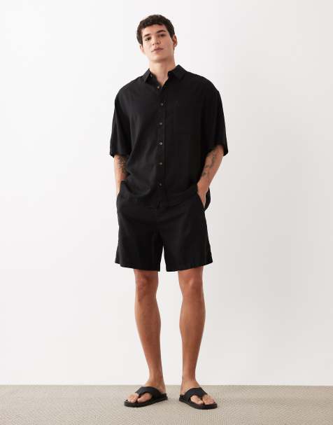 ASOS DESIGN - Sorte mellemlange shorts med vide ben i hørblanding - Del af sæt - view 1