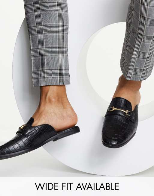 DESIGN - Sorte mule-loafers uden hæl i imiteret læder med krokodille-look | ASOS