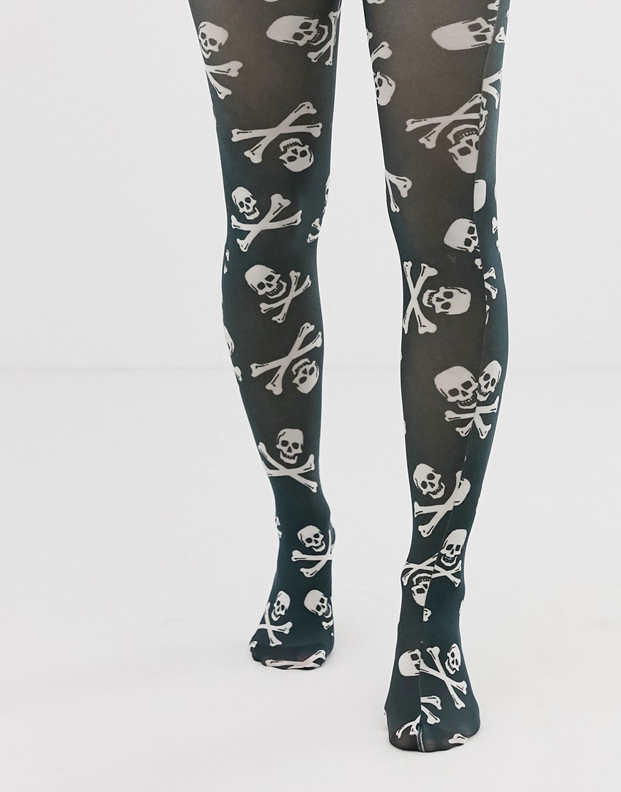ASOS DESIGN - sorte og hvide strømpebukser i Halloween-tema med kranieprint