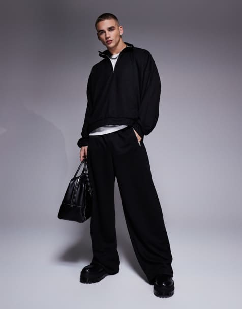 ASOS DESIGN - Sorte og super-baggy joggingbukser i scuba-agtigt stof med lynlåslommer - Del af sæt - view 1