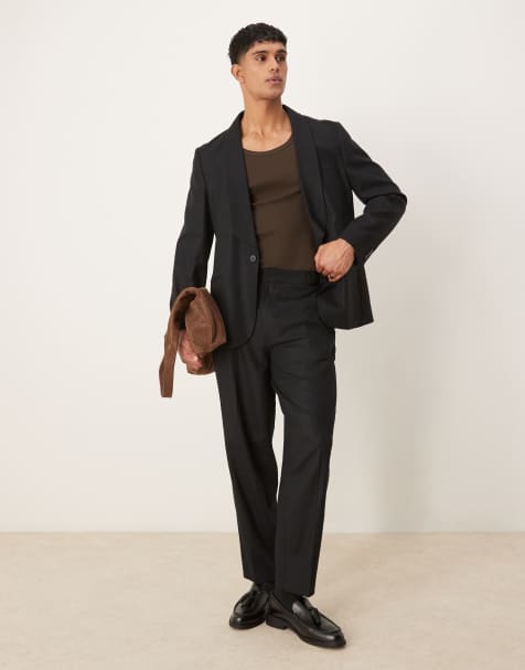 ASOS DESIGN - Sorte oversized tapered habitbukser i hør- og twillblanding - view 1
