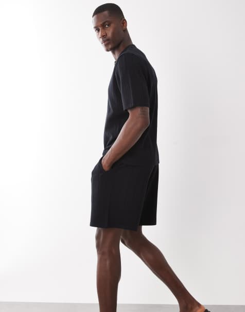 ASOS DESIGN - Sorte ribstrikkede shorts med brede ben - Del af sæt - view 1