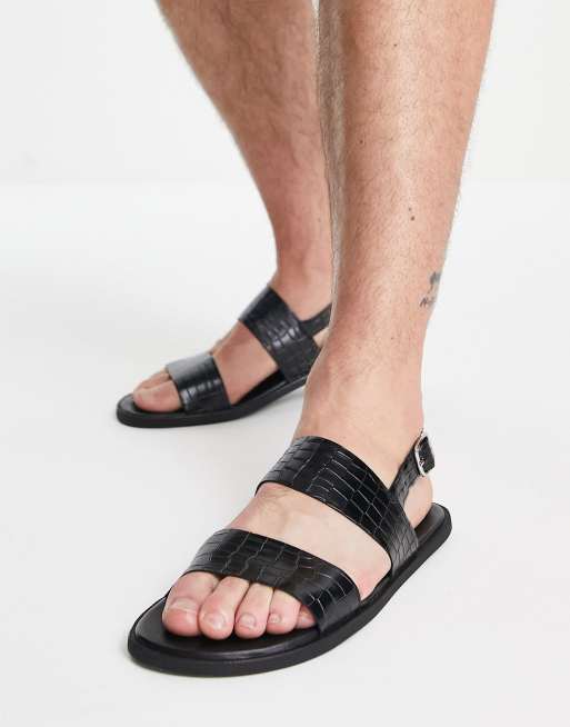 ASOS DESIGN - Sorte sandaler med to stropper i imiteret krokodilleskind i sort 