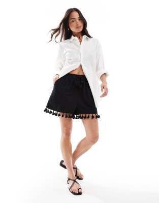 ASOS DESIGN - Sorte shorts med tekstur og kvaster i hør - view 1