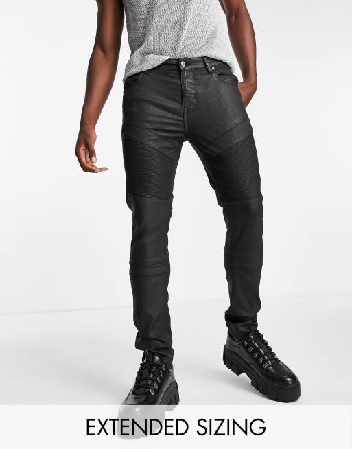 ASOS DESIGN - Sorte-skinny jeans med bikerdetalje i belagt denim