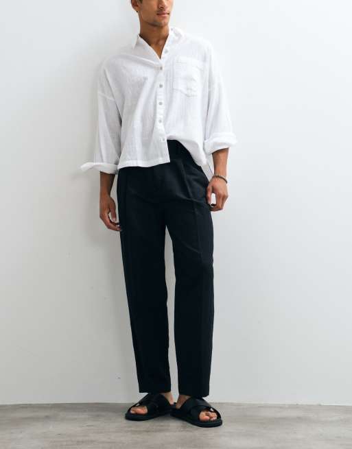 ASOS DESIGN - Sorte skræddersyede tapered bukser med oversized pasform i hørrigt stof