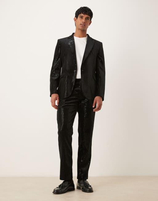 ASOS DESIGN - Sorte slim fit-habitbukser i velour med pailletter, 2 af 5