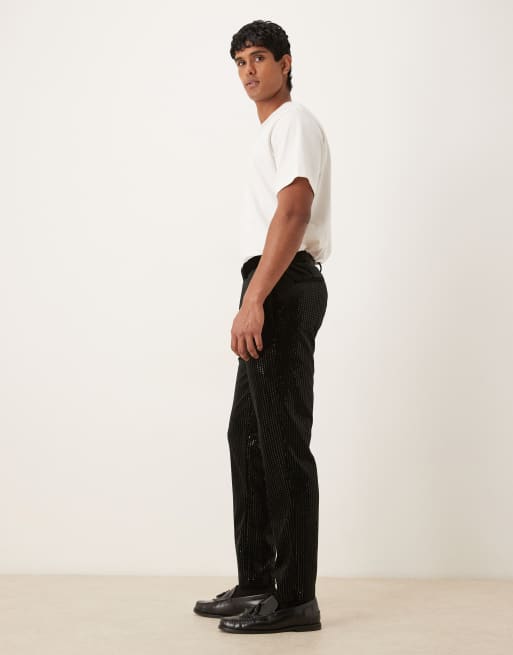 ASOS DESIGN - Sorte slim fit-habitbukser i velour med pailletter, 3 af 5