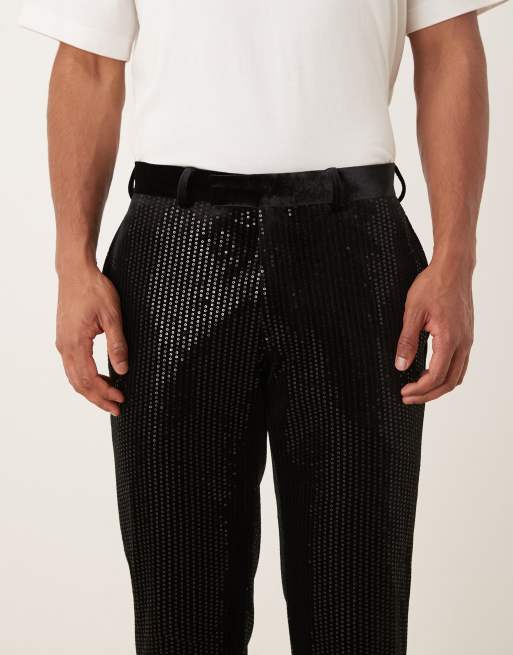 ASOS DESIGN - Sorte slim fit-habitbukser i velour med pailletter, 4 af 5