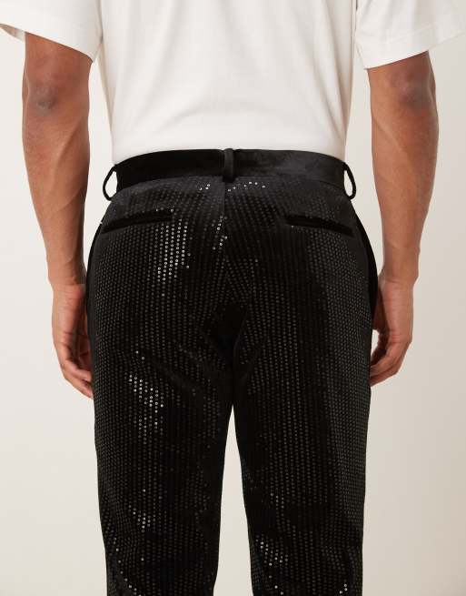 ASOS DESIGN - Sorte slim fit-habitbukser i velour med pailletter, 5 af 5