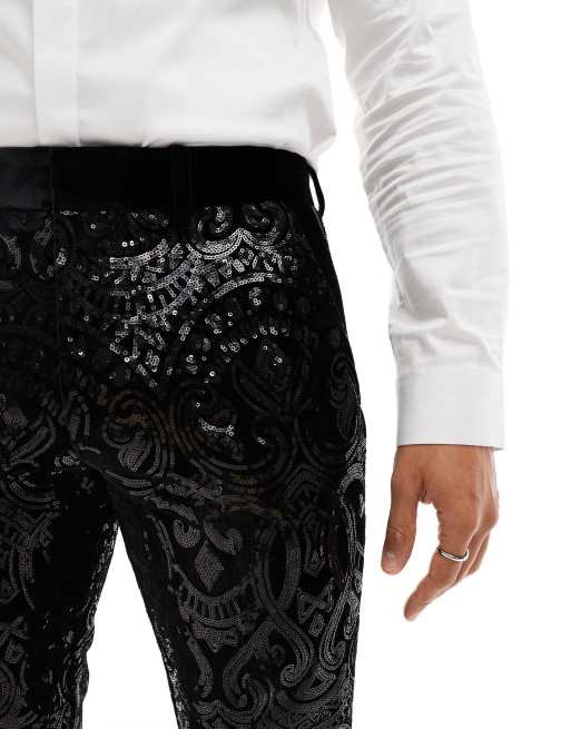 ASOS DESIGN - Sorte smokingbukser med paisley-pailletter i skinny fit, 3 af 5
