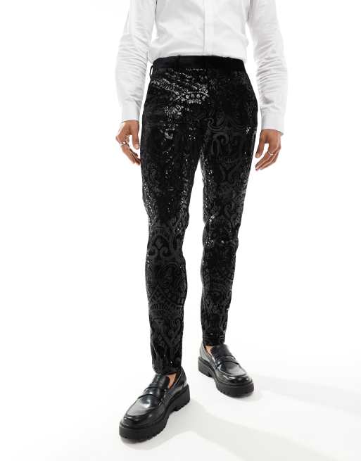 ASOS DESIGN - Sorte smokingbukser med paisley-pailletter i skinny fit, 4 af 5